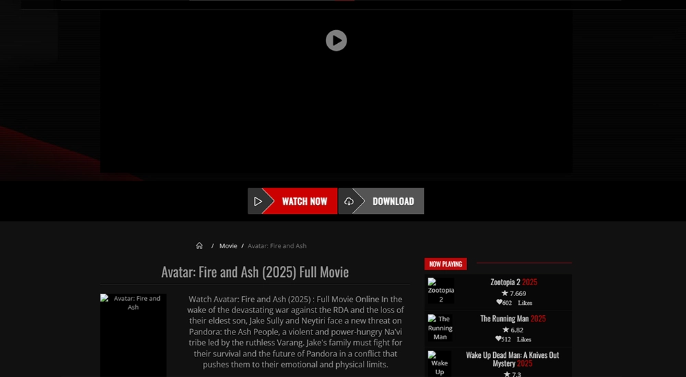 An example of a website offering to watch or download the movie Avatar 3 and other recent releases